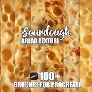 Op de afbeelding: Een digitale kunstafbeelding met verschillende texturen van zuurdesembrood. De afbeelding bevat de tekst "Sourdough Bread Texture" en "100+ Brushes for Procreate". De texturen variëren van lichtbruin tot goudbruin, met zichtbare luchtbellen.