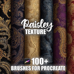 Peut inclure: Plusieurs textures de paisley numériques dans des tons de noir, or, marine, violet et rouge. L'image présente le texte "Paisley Texture" et "100+ Brushes for Procreate".