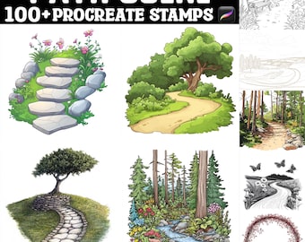 May include: Digital art stamps featuring various path scenes. The image includes illustrations of stone steps, winding paths through forests, and a path with butterflies. Text at the top reads "PATH SCENE" and "100+ PROCREATE STAMPS."