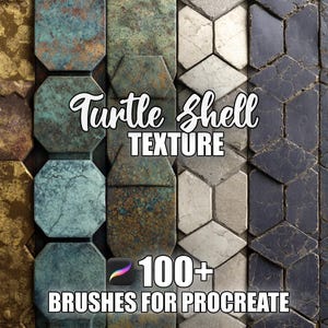 Puede incluir: Imagen que muestra diversas texturas de caparazón de tortuga en tonos dorados, turquesa, grises y azul oscuro. El texto "Turtle Shell Texture" y "100+ Brushes for Procreate" también está presente. Las texturas están dispuestas en un patrón de mosaico.