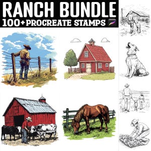 Puede incluir: Un paquete de arte digital titulado "RANCH BUNDLE" con el texto "100+ PROCREATE STAMPS". La imagen presenta ilustraciones de la vida en el rancho, incluyendo un vaquero, un granero, un caballo y un perro.
