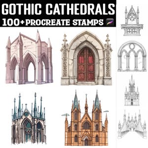 May include: A set of 100+ digital stamps featuring illustrations of Gothic cathedrals in various styles. The stamps are designed for use in the Procreate app.