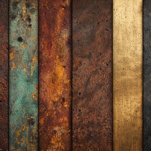 May include: Six vertical panels with varied textures and colours. The panels show shades of brown, green, gold, and black, with a weathered appearance. Rust and imperfections are visible on the surfaces, suggesting age and exposure.