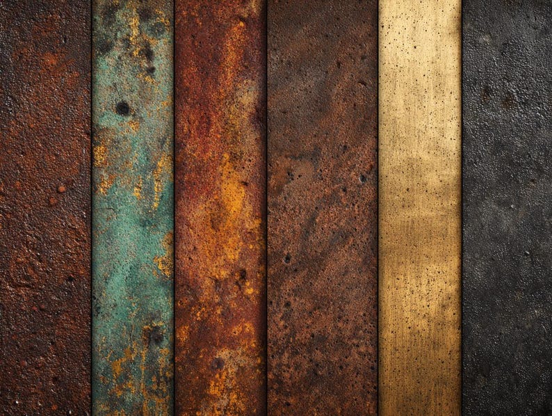 May include: Six vertical panels with varied textures and colours. The panels show shades of brown, green, gold, and black, with a weathered appearance. Rust and imperfections are visible on the surfaces, suggesting age and exposure.