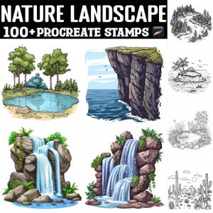 May include: A set of 100+ digital stamps for Procreate featuring nature landscape illustrations. The stamps include a variety of elements, such as trees, rocks, water, and mountains. The stamps are perfect for creating digital art, backgrounds, and illustrations.