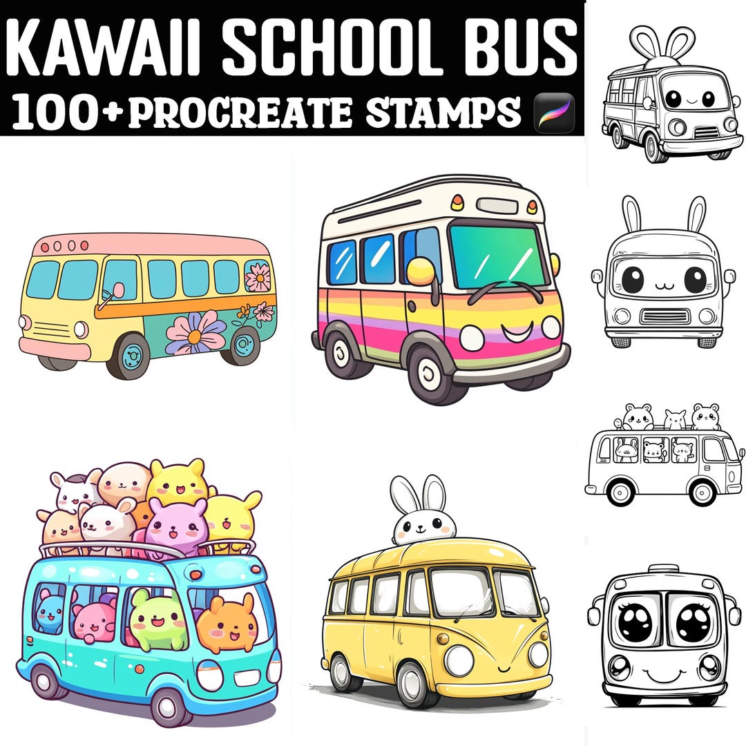 100+ Kawaii School Bus Procreate Stamps | Procreate Brushes | Instant ...