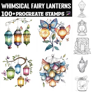 May include: A set of 100+ whimsical fairy lantern Procreate stamps. The stamps feature colorful lanterns with intricate details, butterflies, and floral elements. The stamps are perfect for adding a touch of magic to your digital art.