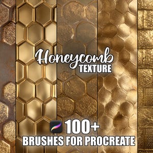 Puede incluir: Imagen digital con diversas texturas de panal doradas y bronce. El texto "Honeycomb Texture" y "100+ Brushes for Procreate" sugiere suministros de arte digital para artistas.