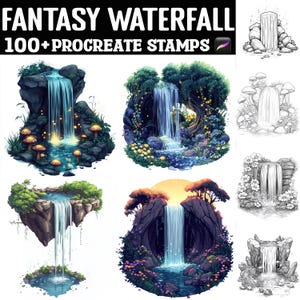 May include: A set of 100+ digital stamps featuring fantasy waterfalls in various styles. The stamps are perfect for adding a touch of magic to your digital art projects. The stamps include waterfalls flowing over rocks, cliffs, and even floating islands. Some of the waterfalls are surrounded by lush greenery, while others are set against a backdrop of stars and clouds.