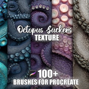 May include: A collage of octopus tentacle textures in shades of blue, purple, and gray. The image includes the text "Octopus Suckers Texture" and "100+ Brushes for Procreate". The textures showcase the suckers and skin details.