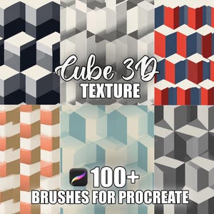 May include: Six geometric patterns with 3D cube designs in diverse colour schemes. The image includes the text "Cube 3D TEXTURE" and "100+ BRUSHES FOR PROCREATE". The colour palettes include shades of grey, red, blue, and peach.