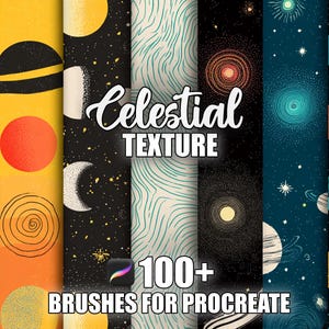 May include: Digital art textures with a celestial theme, featuring planets, moons, stars, and abstract patterns. The image includes the text "Celestial Texture" and "100+ Brushes for Procreate". The colour palette includes yellow, orange, black, and teal.