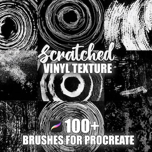 Könnte beinhalten: Eine Sammlung von Schwarz-Weiß-Texturen mit Spiral- und Kratzmustern. Das Bild enthält den Text "Scratched Vinyl Texture" und "100+ Brushes for Procreate". Die Texturen variieren im Muster, ideal für digitale Kunst.