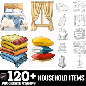 May include: A set of 120+ hand-drawn household items, including a bed, curtains, pillows, towels, kitchenware, and more. These illustrations are perfect for creating digital stamps for use in Procreate.