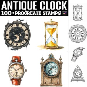 May include: A collection of antique clock designs and illustrations. The image features various clock styles, including a pocket watch with a red leather strap, an hourglass, and a large grandfather clock. The text "ANTIQUE CLOCK" and "100+ PROCREATE STAMPS" are displayed at the top.