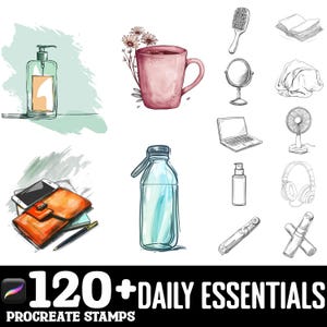 May include: A set of 120+ daily essentials Procreate stamps featuring hand-drawn illustrations of everyday objects like a water bottle, coffee mug, laptop, headphones, and a hairbrush. The stamps are perfect for adding a touch of realism to digital art.