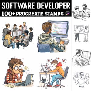 May include: A set of 100+ digital stamps for Procreate featuring illustrations of software developers in various poses, including working on a computer, brainstorming, and debugging code. The stamps are in a cartoon style and are perfect for adding a fun and whimsical touch to your digital art.