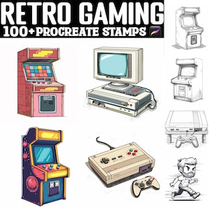May include: Illustration featuring retro gaming elements. Includes colorful arcade machines, a vintage computer setup, a game console, and controllers. The text "RETRO GAMING" and "100+ PROCREATE STAMPS" are displayed at the top.
