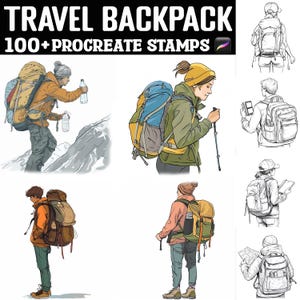 Más de 100 sellos para mochilas de viaje / Pinceles para Procreate / Descarga digital instantánea