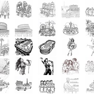 Puede incluir: Una colecci&oacute;n de ilustraciones en blanco y negro que representan varias escenas, incluyendo un casino, un horizonte de ciudad, un concierto, un restaurante y un grupo de personas.