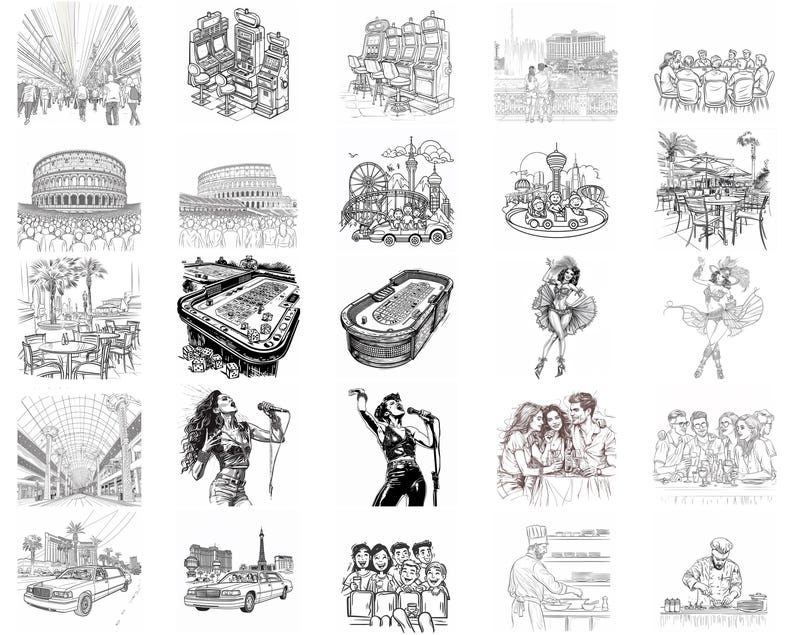 Puede incluir: Una colecci&oacute;n de ilustraciones en blanco y negro que representan varias escenas, incluyendo un casino, un horizonte de ciudad, un concierto, un restaurante y un grupo de personas.