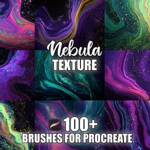 May include: A digital art graphic with nine panels of swirling nebula textures in shades of purple, pink, green, and gold. The text "Nebula TEXTURE" is centered, with "100+ BRUSHES FOR PROCREATE" below.