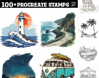 100+ znaczków Procreate Cruise The Coast | Pędzle Procreate | Natychmiastowe pobieranie cyfrowe