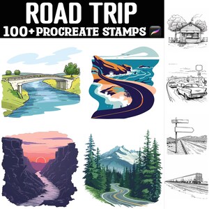 May include: A set of 100+ Procreate stamps featuring illustrations of road trip scenes, including a bridge over a river, a winding road along a coastline, a vintage car driving on a desert road, a mountain road with trees, and a train track.
