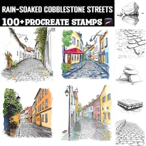 Más de 100 sellos/pinceles de Procreate con calles adoquinadas bajo la lluvia. Descarga digital instantánea.