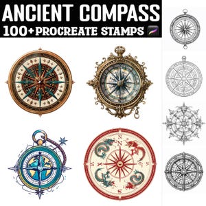 Más de 100 sellos y pinceles de brújula antigua para Procreate. Descarga digital instantánea.
