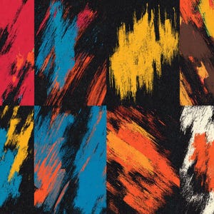 K&ouml;nnte beinhalten: Abstrakter Kunstdruck mit schwarzem Hintergrund und farbenfrohen Pinselstrich-Designs. Das Kunstwerk zeigt eine Vielzahl von Farben, darunter Rot, Blau, Gelb, Orange und Braun, wodurch ein dynamischer und strukturierter visueller Effekt entsteht. Die Pinselstriche sind k&uuml;hn und ausdrucksstark.