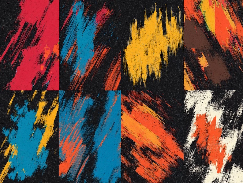 K&ouml;nnte beinhalten: Abstrakter Kunstdruck mit schwarzem Hintergrund und farbenfrohen Pinselstrich-Designs. Das Kunstwerk zeigt eine Vielzahl von Farben, darunter Rot, Blau, Gelb, Orange und Braun, wodurch ein dynamischer und strukturierter visueller Effekt entsteht. Die Pinselstriche sind k&uuml;hn und ausdrucksstark.
