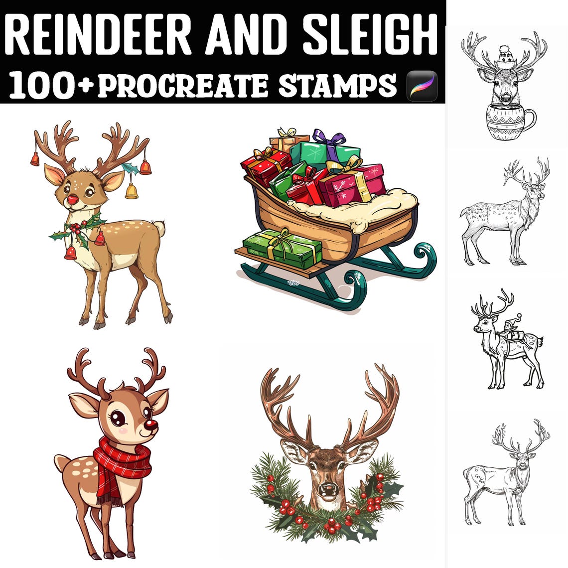 100+ Reindeer and Sleigh Procreate Stamps | Procreate Brushes | Instant ...