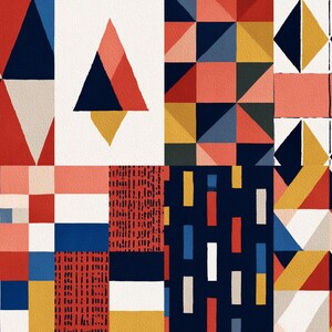 May include: A collection of geometric abstract art pieces. The artwork features various shapes, including triangles and rectangles, in a palette of red, navy blue, yellow, and peach. The pieces are arranged in a grid-like pattern.