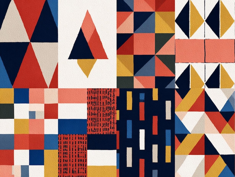 May include: A collection of geometric abstract art pieces. The artwork features various shapes, including triangles and rectangles, in a palette of red, navy blue, yellow, and peach. The pieces are arranged in a grid-like pattern.