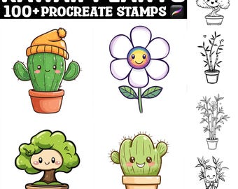 May include: A set of 100+ kawaii plant stamps for Procreate. The stamps feature cute cartoon illustrations of various plants, including cacti, flowers, and trees. The stamps are perfect for adding a touch of whimsy to your digital art.
