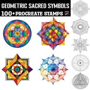 May include: A set of 100+ geometric sacred symbols, perfect for use as Procreate stamps. The symbols are drawn in a variety of colors, including red, orange, yellow, green, blue, and purple. The symbols are all geometric in nature, and they are all based on sacred geometry.