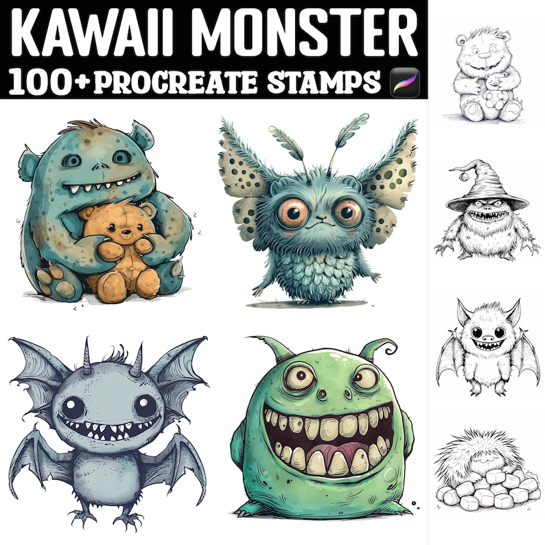 100+ Kawaii Monster Procreate Stamps | Procreate Brushes | Instant ...