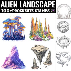 Può includere: Un set di oltre 100 timbri digitali per Procreate che rappresentano elementi di un paesaggio alieno. I timbri includono funghi colorati, formazioni rocciose e isole galleggianti.