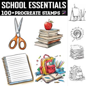 Peut inclure: Un ensemble de plus de 100 tampons Procreate représentant des fournitures scolaires, notamment une pomme rouge, une pile de livres, un cahier à spirales, un crayon, un sac à dos, une paire de ciseaux, un taille-crayon, une pile de papiers et un chevalet de dessin.