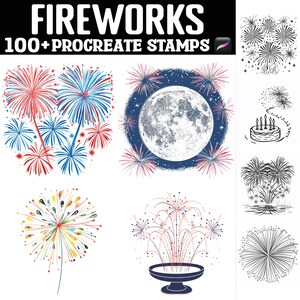 May include: A set of 100+ Procreate stamps featuring various firework designs. The stamps include colorful fireworks, black and white fireworks, fireworks with a moon, fireworks with a birthday cake, and fireworks with a fountain.