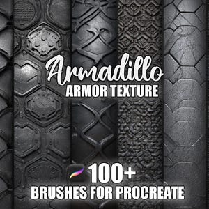 Puede incluir: Un producto de arte digital con más de 100 pinceles Procreate, que muestra diversas texturas que recuerdan a la armadura de un armadillo. La imagen presenta una variedad de patrones grises oscuros y negros, con el texto "Armadillo Armor Texture" y "100+ Brushes for Procreate".
