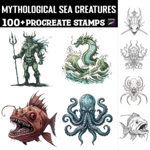 May include: A set of 100+ digital stamps featuring mythical sea creatures. The stamps are in a variety of styles, including cartoon, realistic, and stylized. The creatures include a kraken, a sea serpent, a merman, and a variety of fish. The stamps are perfect for adding a touch of fantasy to your digital art.