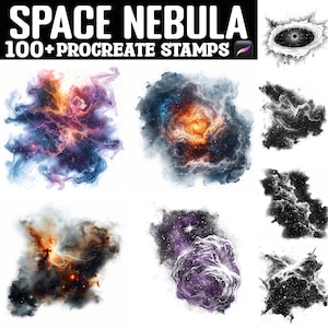 Puede incluir: Un conjunto de más de 100 sellos digitales que presentan nebulosas espaciales coloridas, perfectas para agregar un toque cósmico a tus proyectos de arte digital. Los sellos incluyen una variedad de formas, tamaños y colores, desde galaxias giratorias hasta nubes de gas y polvo tenues.