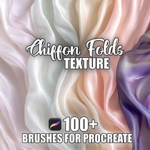 以下が含まれることがあります： 白、クリーム、ピンク、紫の色合いの、流れるようなシフォン生地を特徴とするデジタルアート画像。「Chiffon Folds TEXTURE」の文字が様式化されたフォントで表示され、「100+ BRUSHES FOR PROCREATE」も表示されています。