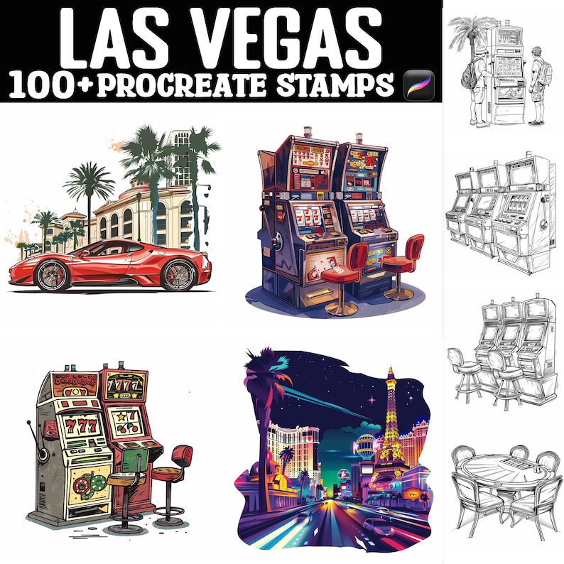 Puede incluir: Un conjunto de m&aacute;s de 100 sellos digitales con ilustraciones de lugares emblem&aacute;ticos de Las Vegas, como m&aacute;quinas tragamonedas, un coche deportivo rojo y un paisaje urbano con la Torre Eiffel. Los sellos est&aacute;n dise&ntilde;ados para su uso en la aplicaci&oacute;n Procreate.