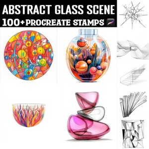 May include: The image showcases abstract glass art with the text "ABSTRACT GLASS SCENE 100+ PROCREATE STAMPS". It features colorful, geometric designs, including a round stained-glass-style piece, a glass jar with spheres, and a bowl with flame-like patterns.