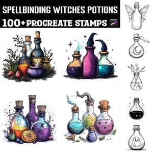 Puede incluir: Un conjunto de más de 100 sellos digitales con ilustraciones coloridas de botellas de pociones con varios diseños, incluyendo estrellas, lunas y un fantasma. Los sellos son perfectos para agregar un toque caprichoso a tus proyectos de arte digital.