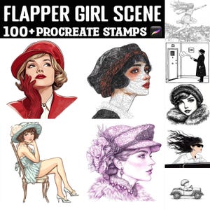 May include: Digital art featuring flapper girls in various poses and styles. The image includes the text "FLAPPER GIRL SCENE" and "100+ PROCREATE STAMPS". The illustrations showcase vintage fashion, including hats, coats, and accessories, in a mix of color and black and white.