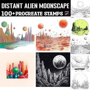 Può includere: Timbri di arte digitale con paesaggi lunari alieni distanti. L'immagine include varie illustrazioni colorate di paesaggi extraterrestri con pianeti, lune e formazioni rocciose uniche. Il testo in alto recita "DISTANT ALIEN MOONSCAPE 100+ PROCREATE STAMPS."